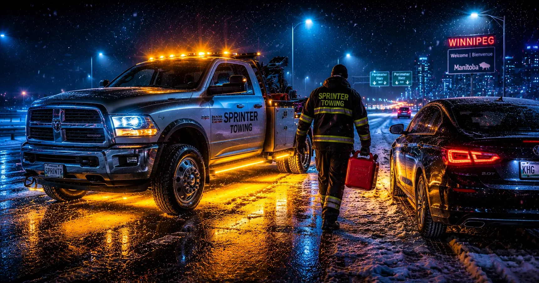 Sprinter Towing operator walking with a red fuel jerry can toward a stranded vehicle on a Winnipeg highway at night, with a silver Dodge Ram service truck in the background.