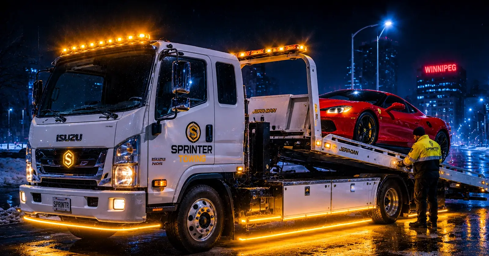 Sprinter towing truck with yellow lights loading red sports car on flatbed at night in Winnipeg city.