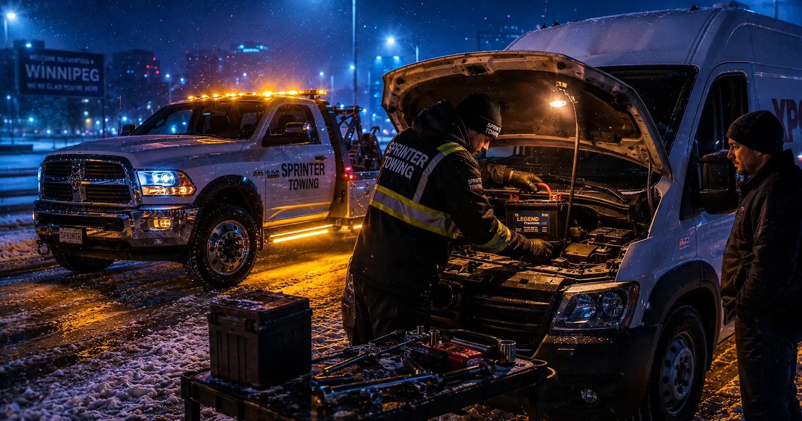 Sprinter Towing mechanic replacing battery in white van at night in snowy Winnipeg street.