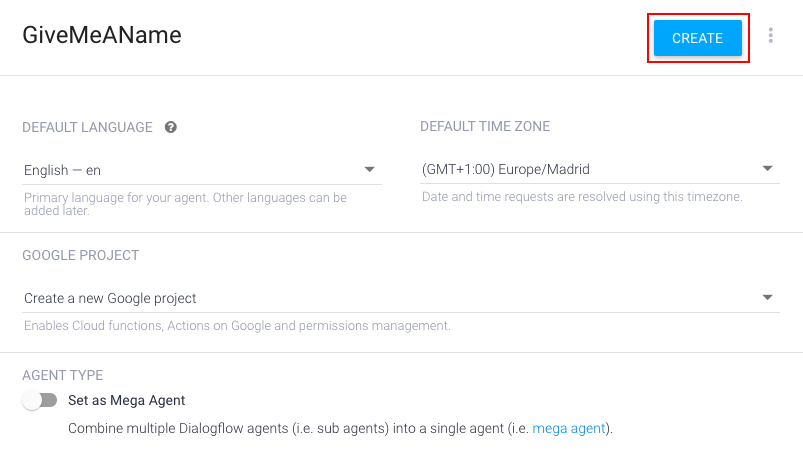 tutorial dialogflow agent name