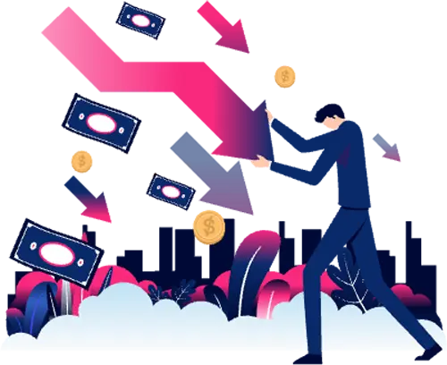 An illustration of a man trying to push back against a lowering conversion rate, with lost revenue flying around. He is desperately trying to save his conversion rate on Shopify