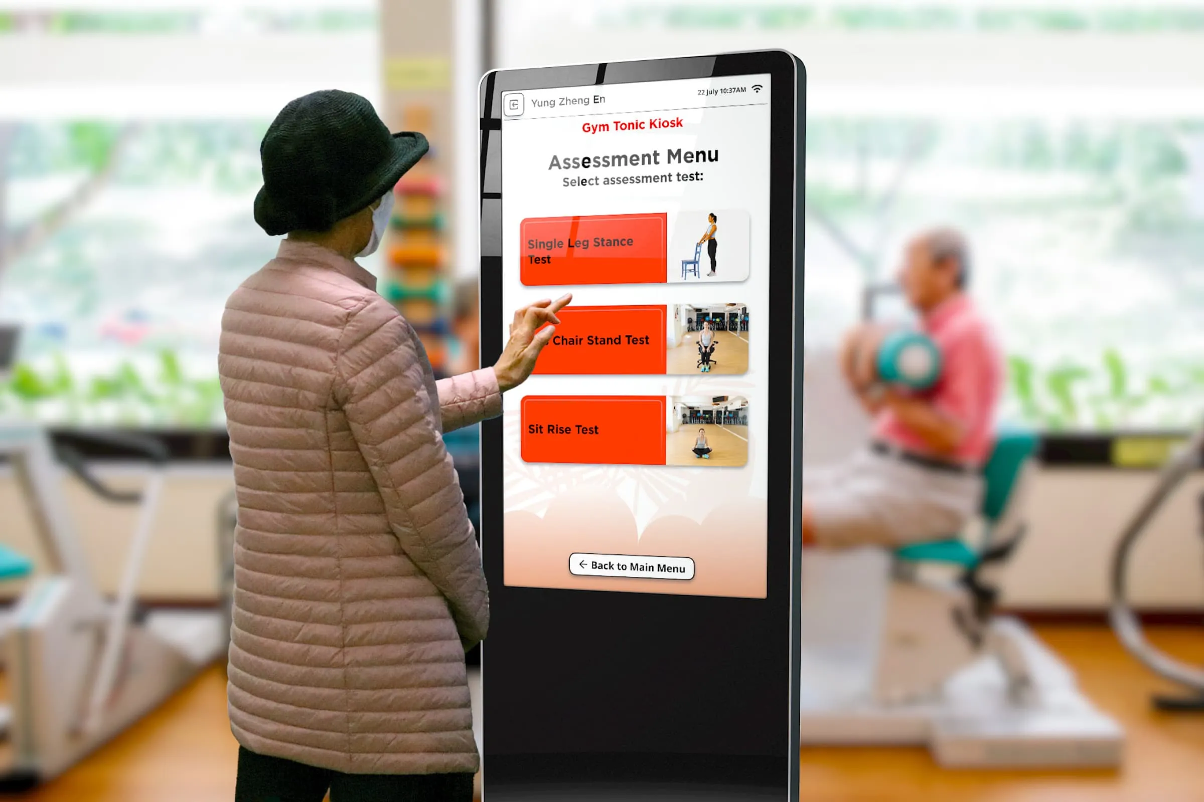 An elderly using the Gym Tonic Kiosk