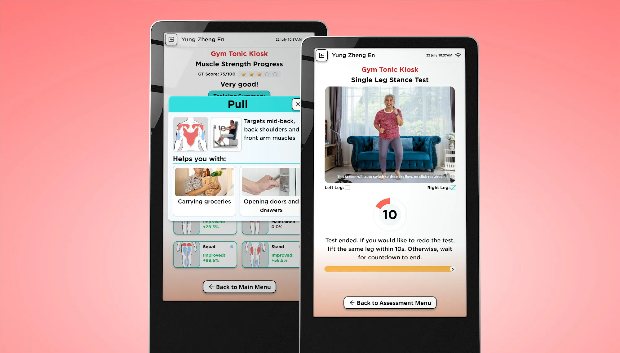 A mockup of the exercising kiosk's screens