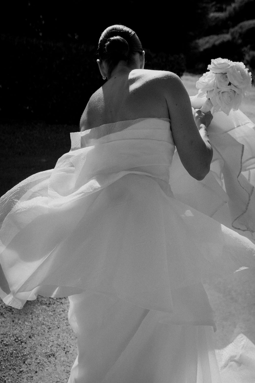 A detail photo of bride in a modern wedding dress at Mudbrick Waiheke