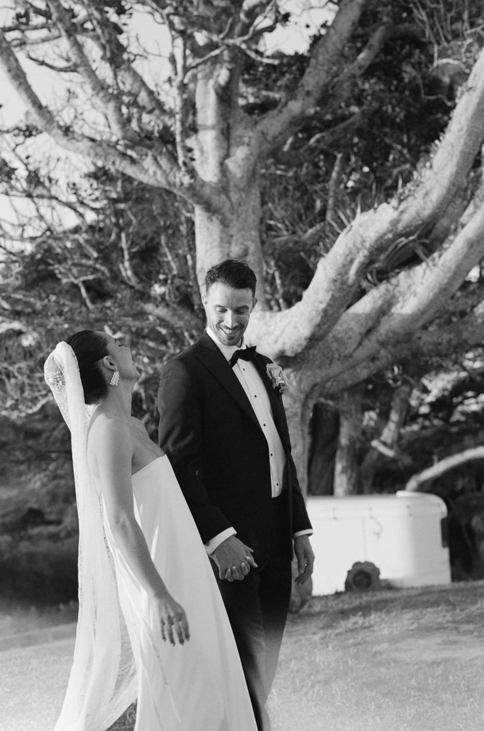 Bride and groom laughing
