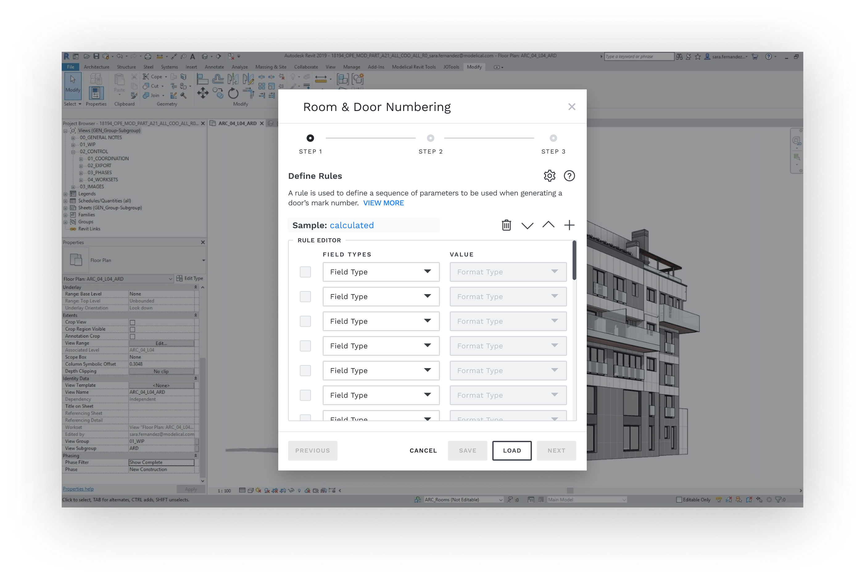 Software interface showing Room & Door Numbering rule definition with step 1 selected and a form for defining field types and format types.
