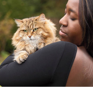 A person with dark hair holds a fluffy brown tabby cat resting on their shoulder outdoors.