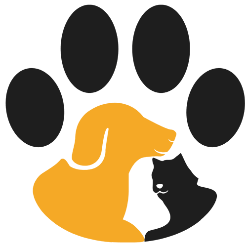 Black paw print with yellow dog and black cat silhouettes inside it.