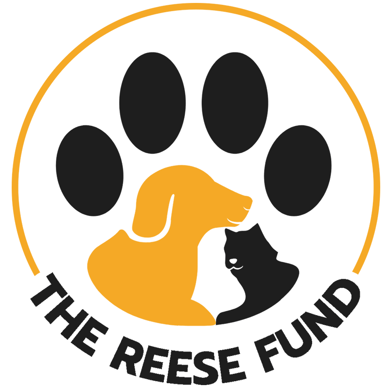 The Reese Fund logo with a large paw print, a yellow dog, a black cat, and the text THE REESE FUND.