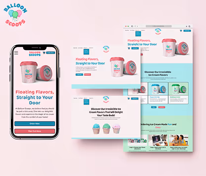 Digital mockup showing Balloon Scoops ice cream branding on a smartphone and multiple website pages with pastel colors and ice cream containers.
