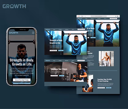 Website and mobile app mockups for Growth fitness with images of a man lifting weights and phrases about strength, growth, and personal coaching.