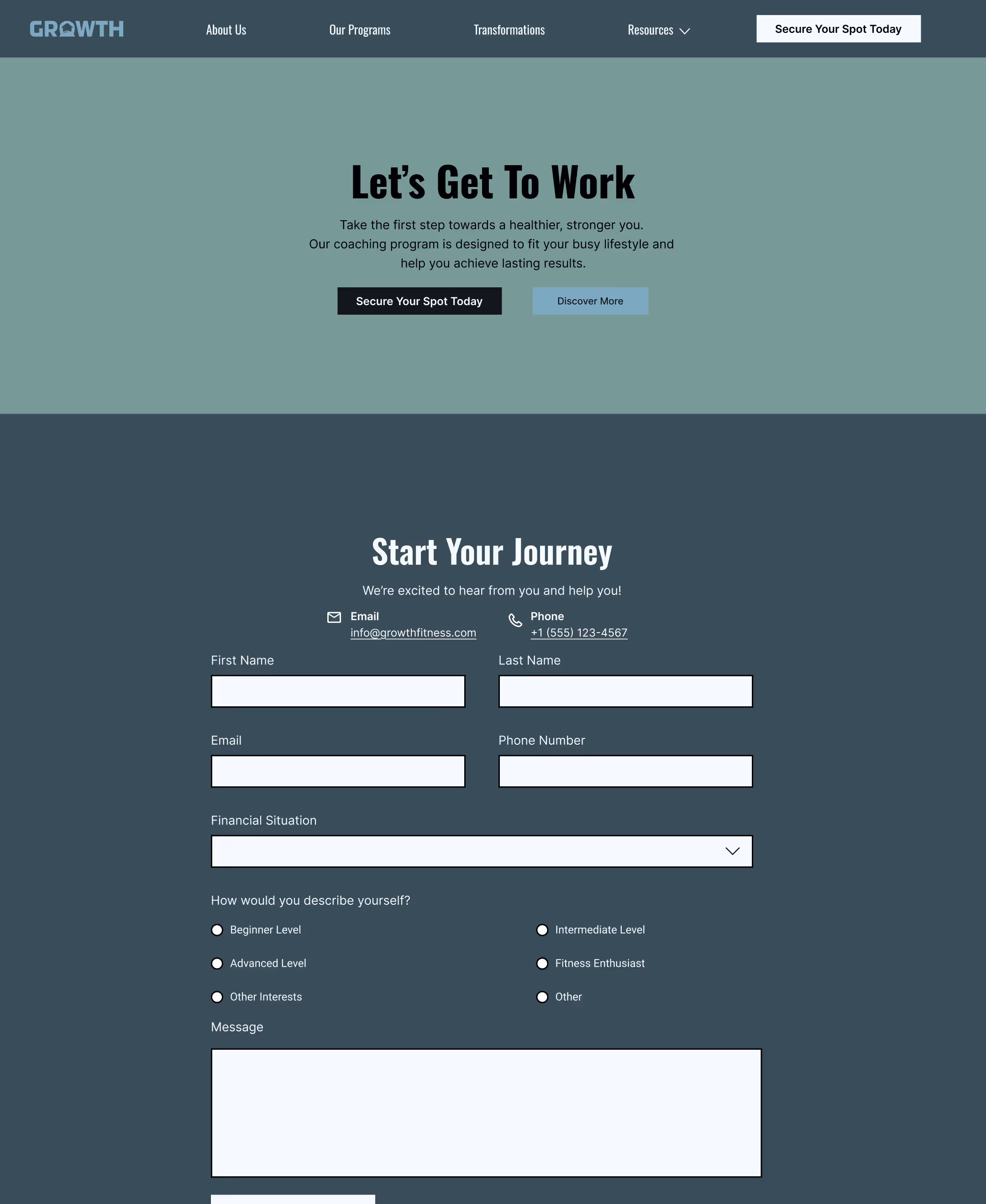Webpage form titled 'Start Your Journey' for a coaching program with fields for name, email, phone number, financial situation, self-description options, and a message box.