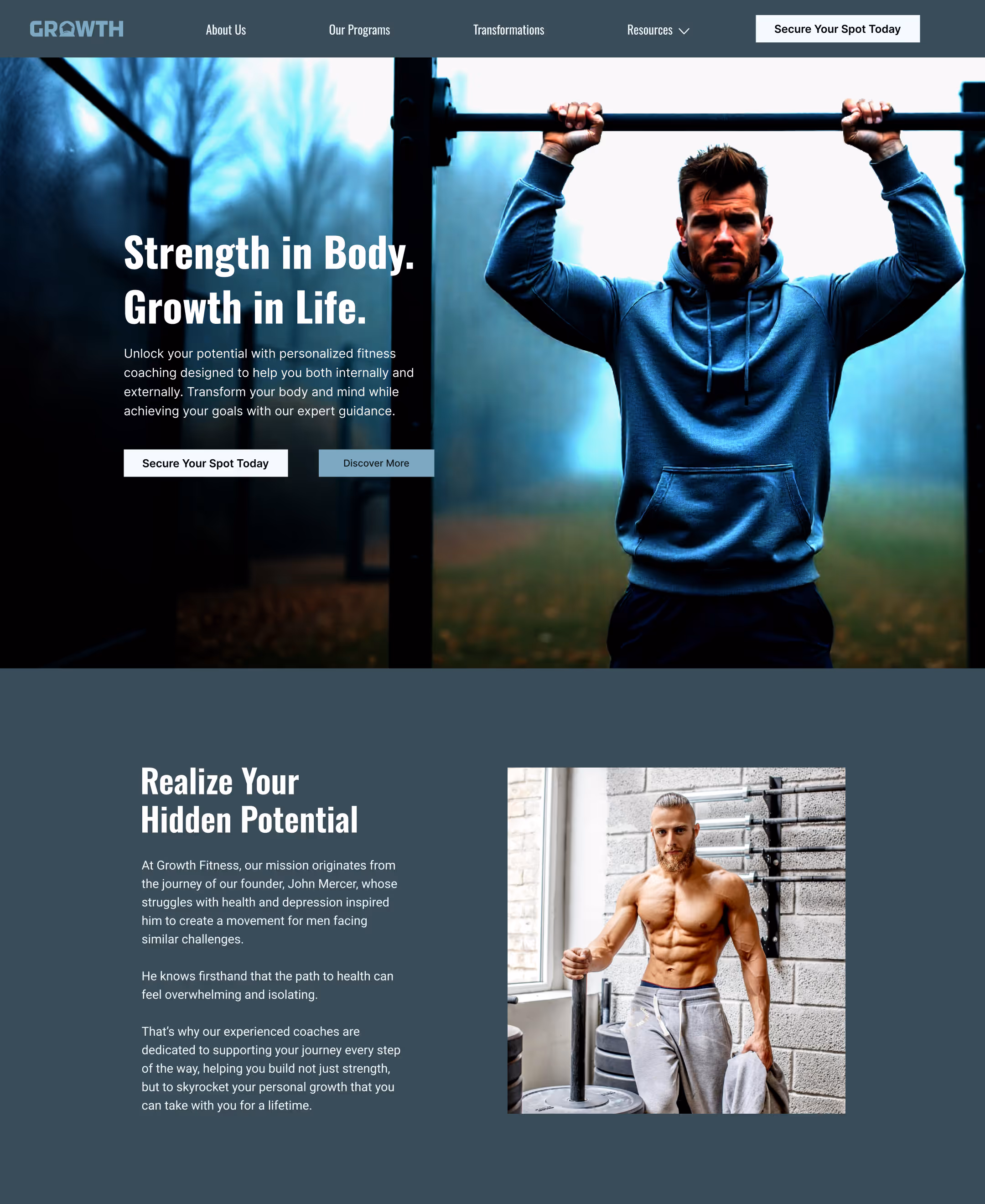 Man in blue hoodie holding onto bar for pull-ups outside on a foggy day, with text about personalized fitness coaching; below, a shirtless muscular man in gym holding weight plate and towel stands next to a brick wall.