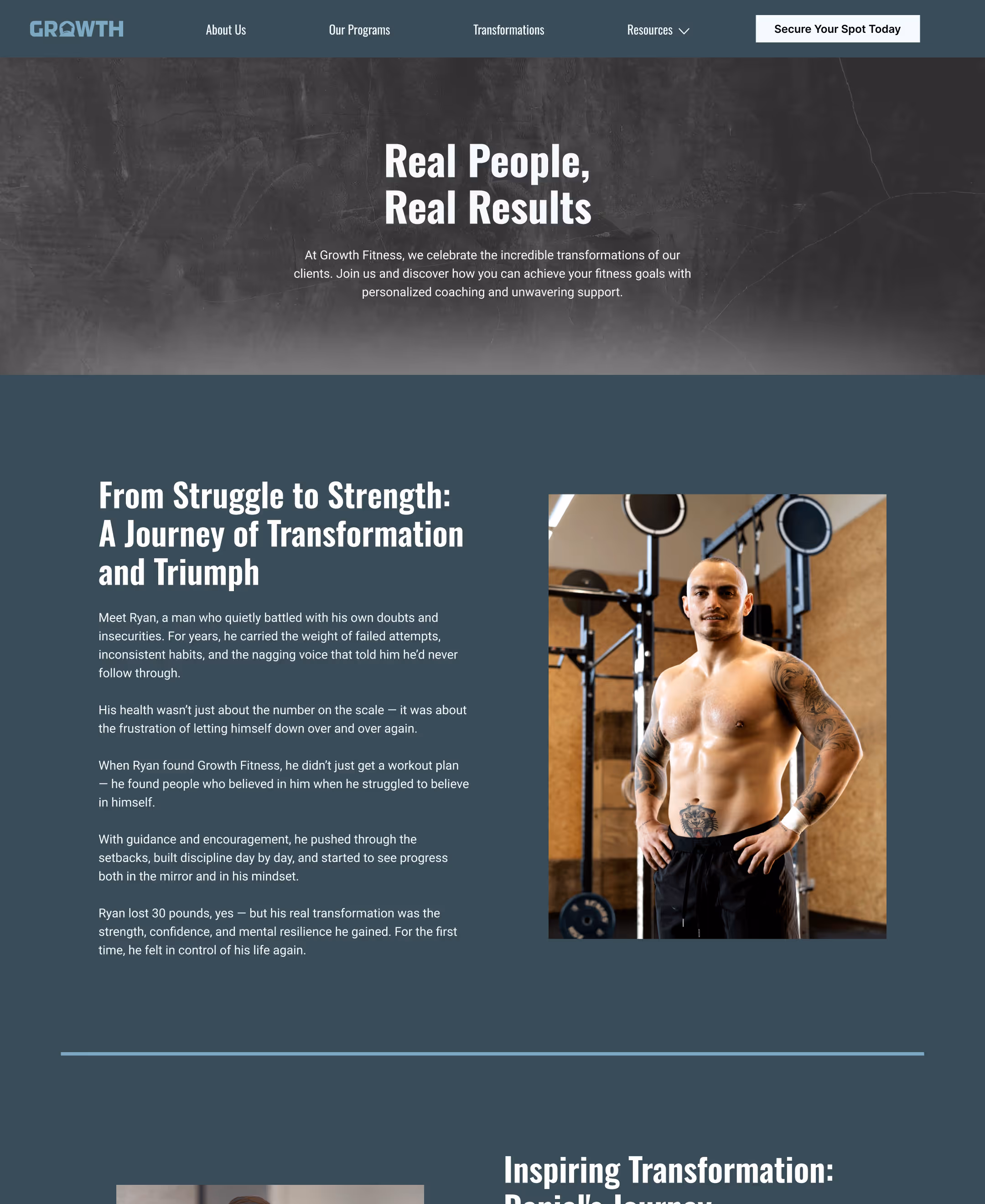 Muscular tattooed man standing confidently in a gym with weightlifting equipment in the background.