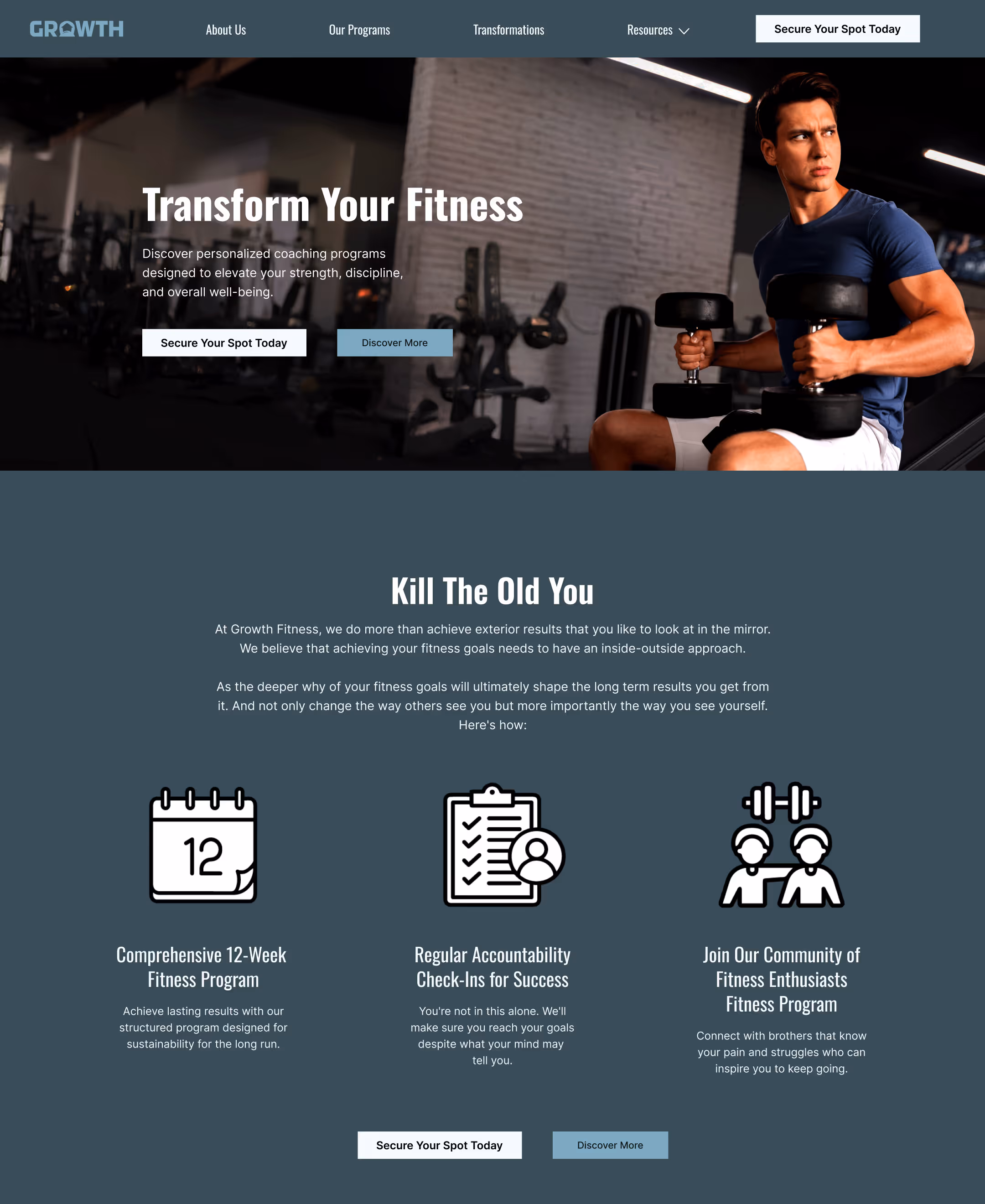 Website landing page for Growth Fitness showing a man lifting dumbbells and sections highlighting a 12-week fitness program, accountability check-ins, and a fitness community with call-to-action buttons.
