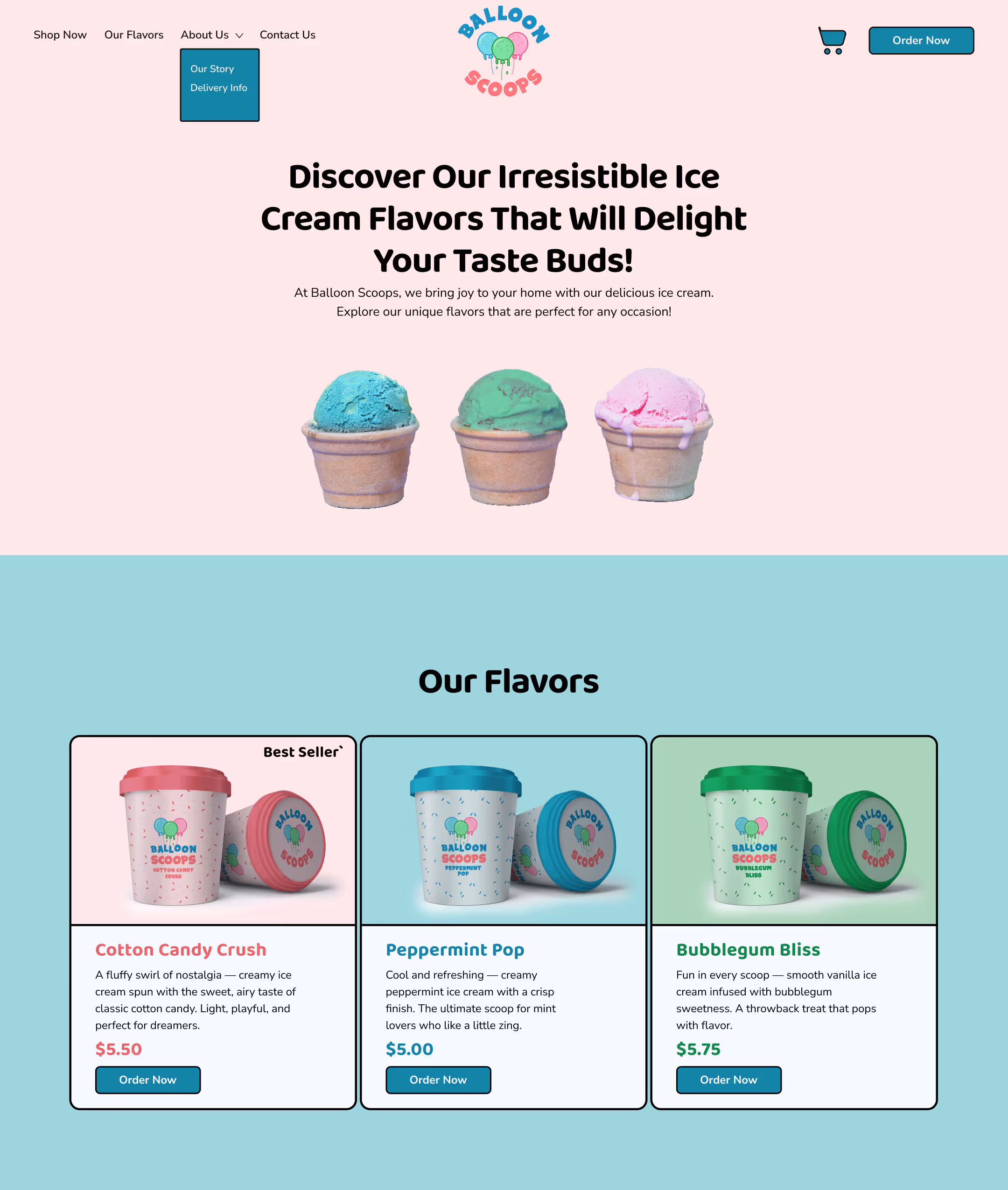 Balloon Scoops website homepage with ice cream cones and three featured flavors: Cotton Candy Crush, Peppermint Pop, and Bubblegum Bliss, each with container images and order buttons.