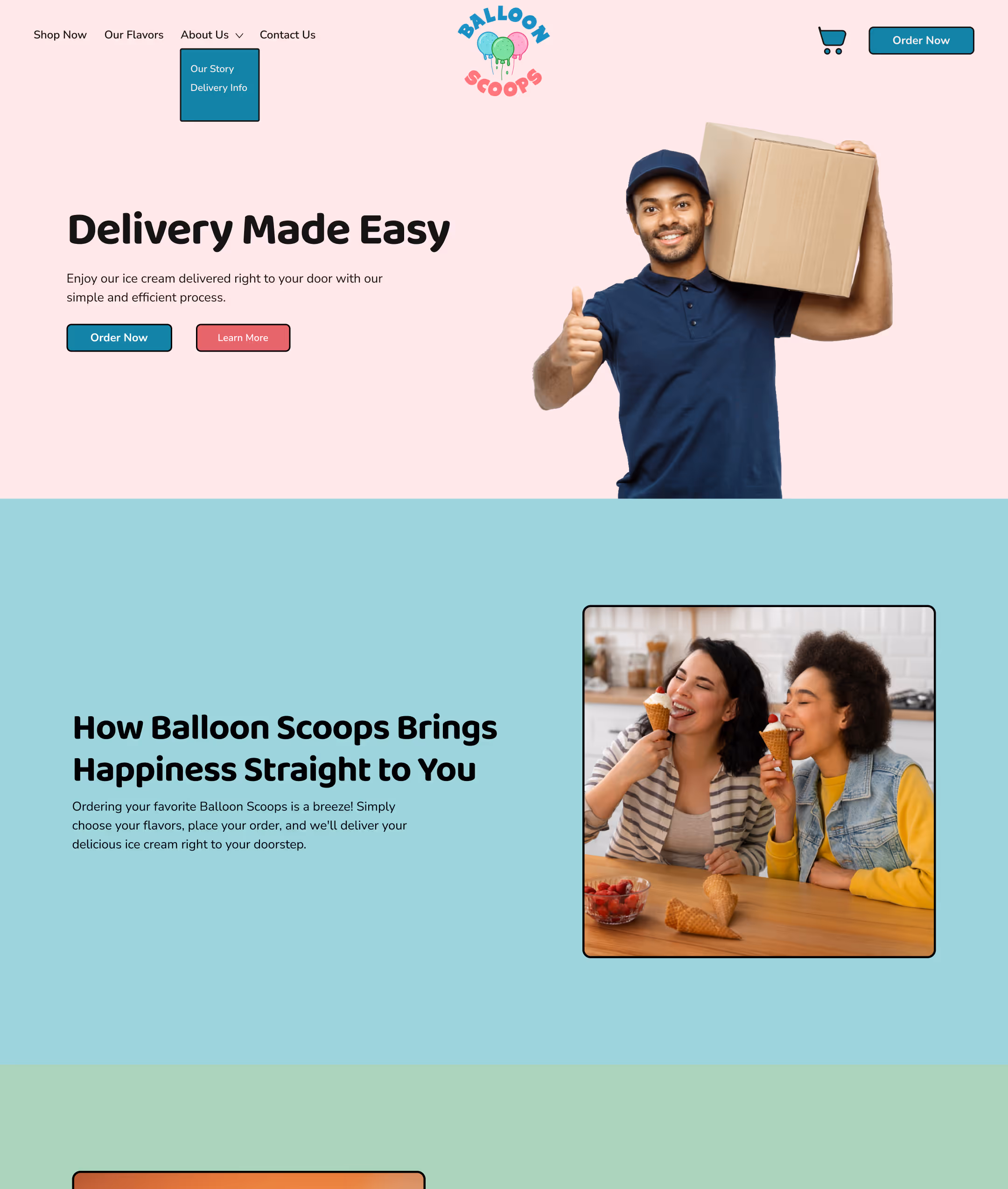 Delivery man in blue uniform holding a box and giving thumbs up on pink background; two women happily eating ice cream cones at a table on blue background below.