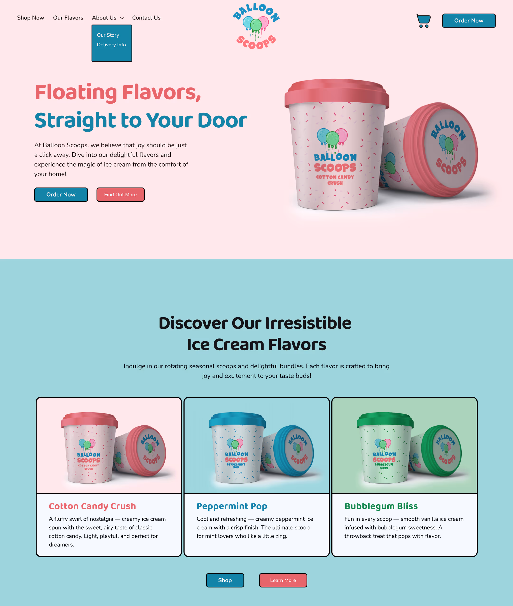 Website homepage for Balloon Scoops ice cream featuring cotton candy, peppermint, and bubblegum flavors with colorful ice cream containers and flavor descriptions.