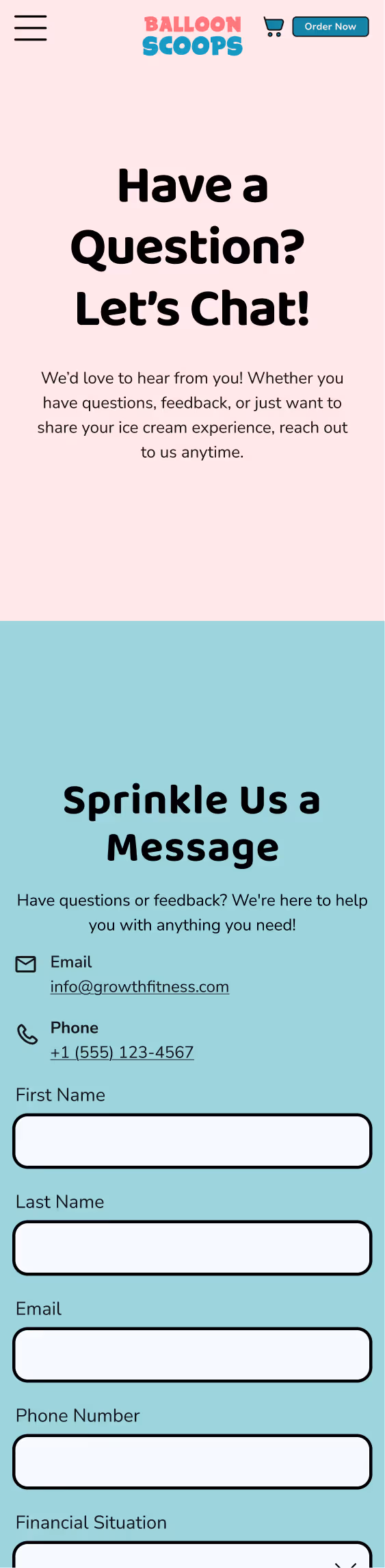 Mobile webpage for Balloon Scoops with sections to ask questions and send a message, including fields for name, email, phone, and financial situation.