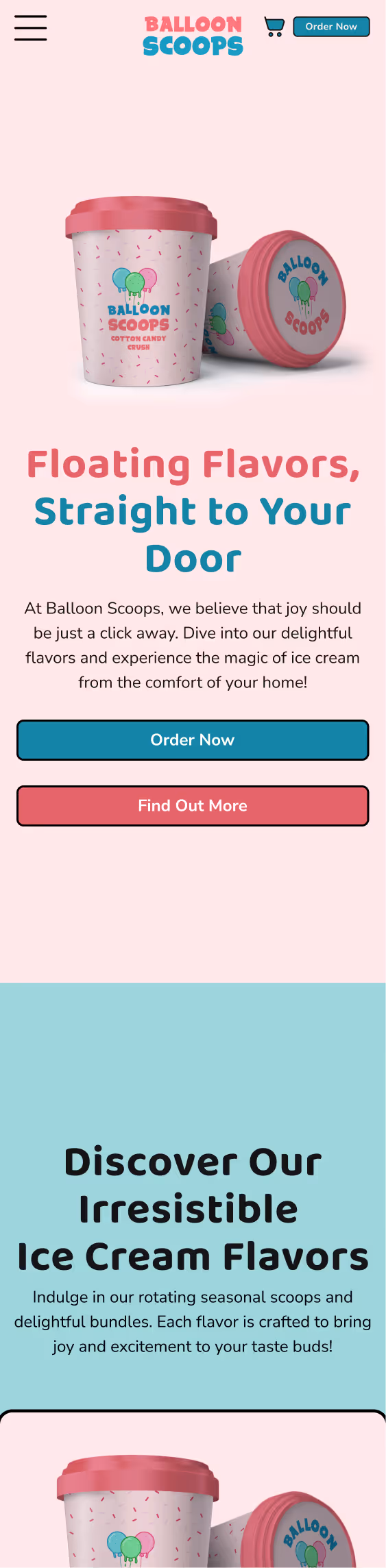 Mobile webpage showing Balloon Scoops ice cream containers with promotional text and order buttons on pastel backgrounds.