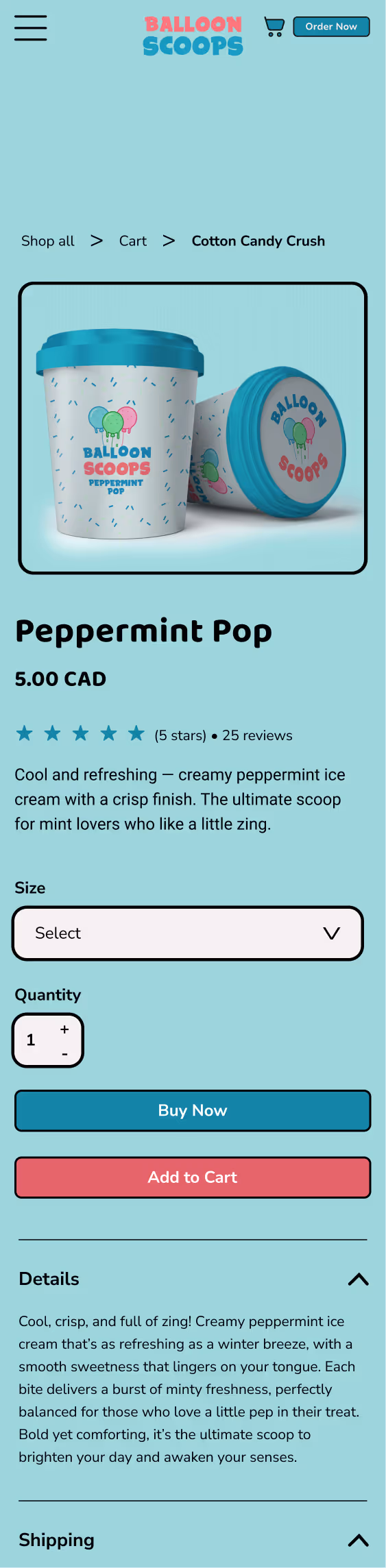 Two containers of Balloon Scoops Peppermint Pop ice cream with teal lids and a sprinkles pattern on a light blue background.