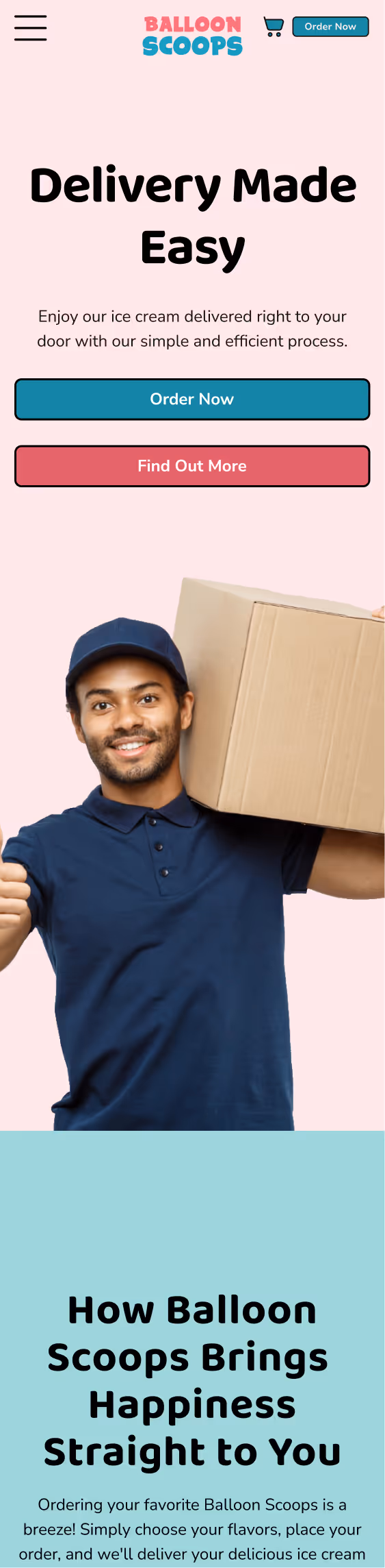 Delivery man in navy blue shirt and cap smiling, holding a cardboard box on his shoulder with text about easy ice cream delivery service and ordering options.