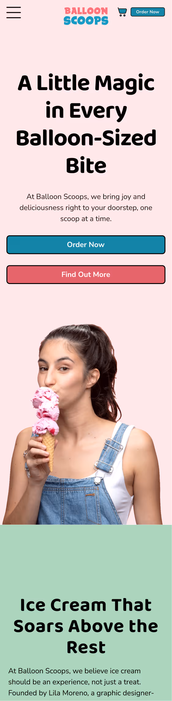 Woman in denim overalls enjoying a pink triple-scoop ice cream cone against a pastel background with Balloon Scoops branding and promotional text.