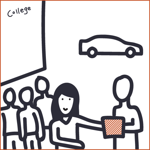 Delivery person gives Amanda her lunch order on campus
