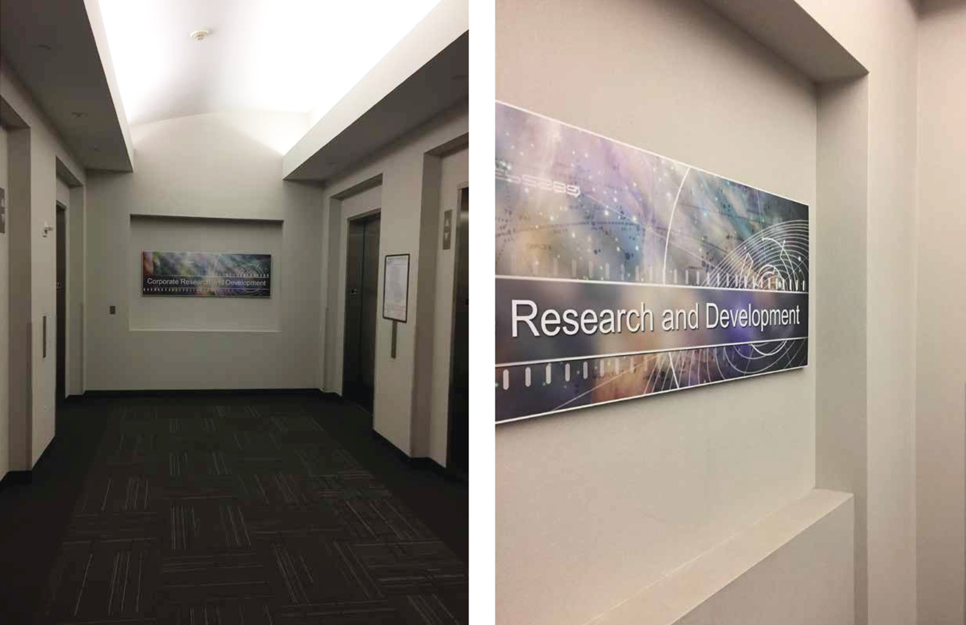 Elevator bays inside Qualcomm Research Building before redesign