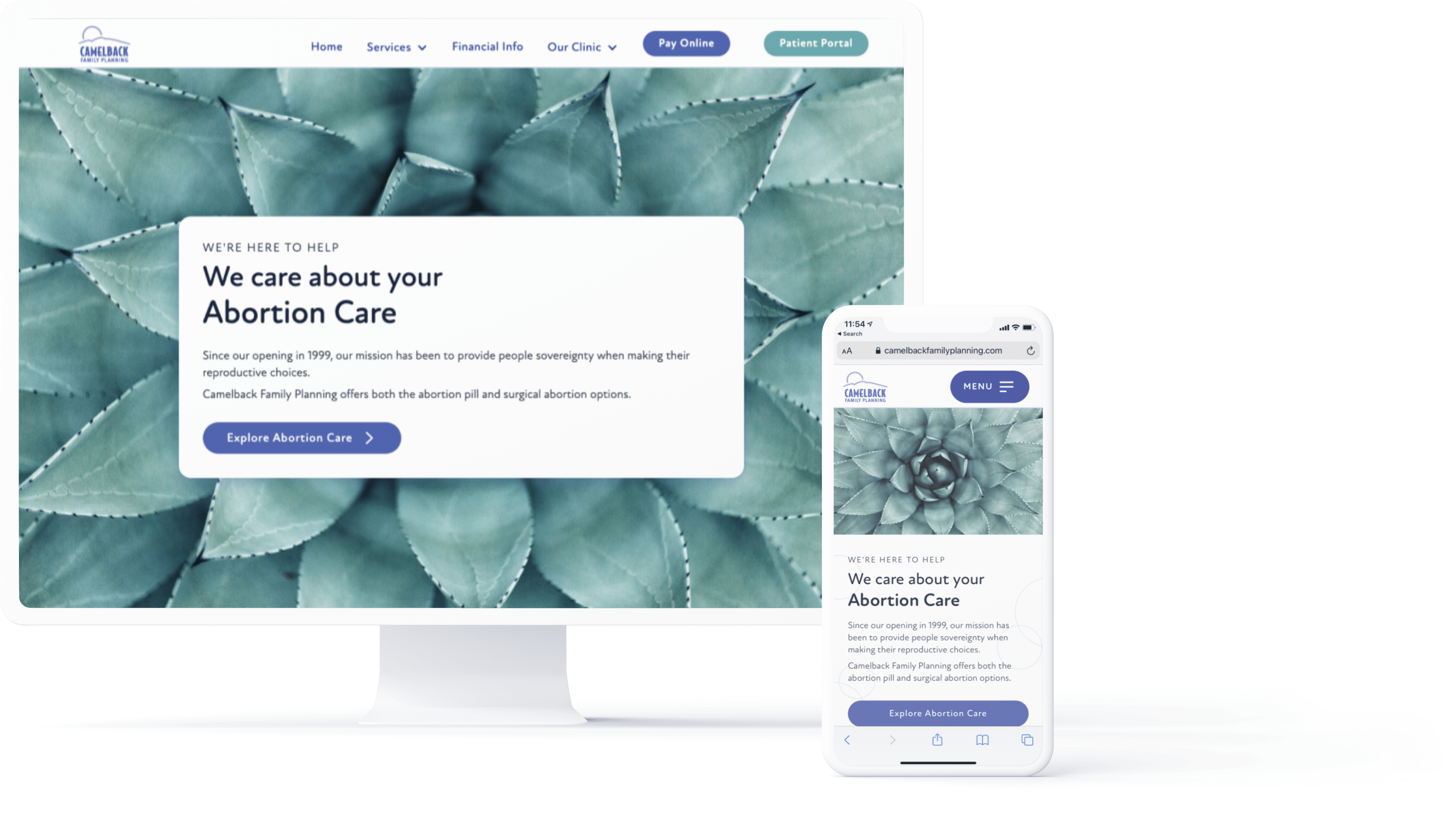Image showing a iMac monitor and a iPhone with the Camelback Family Planning site on both.