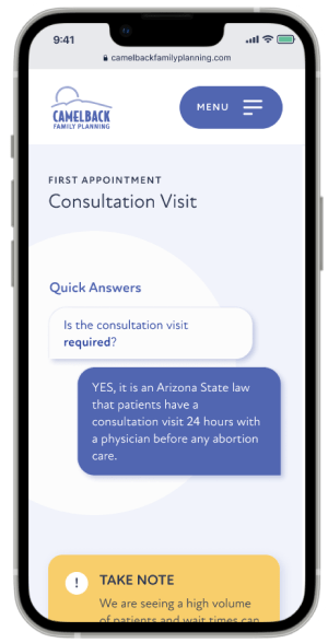 Example of how comment bubbles were used in the Camelback Family Planning website