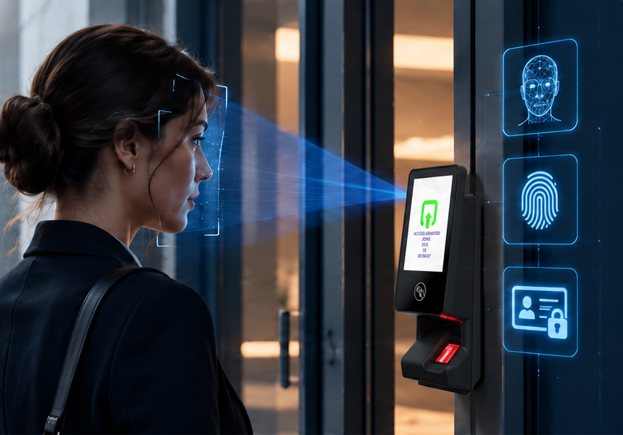 Professional using a biometric access control terminal