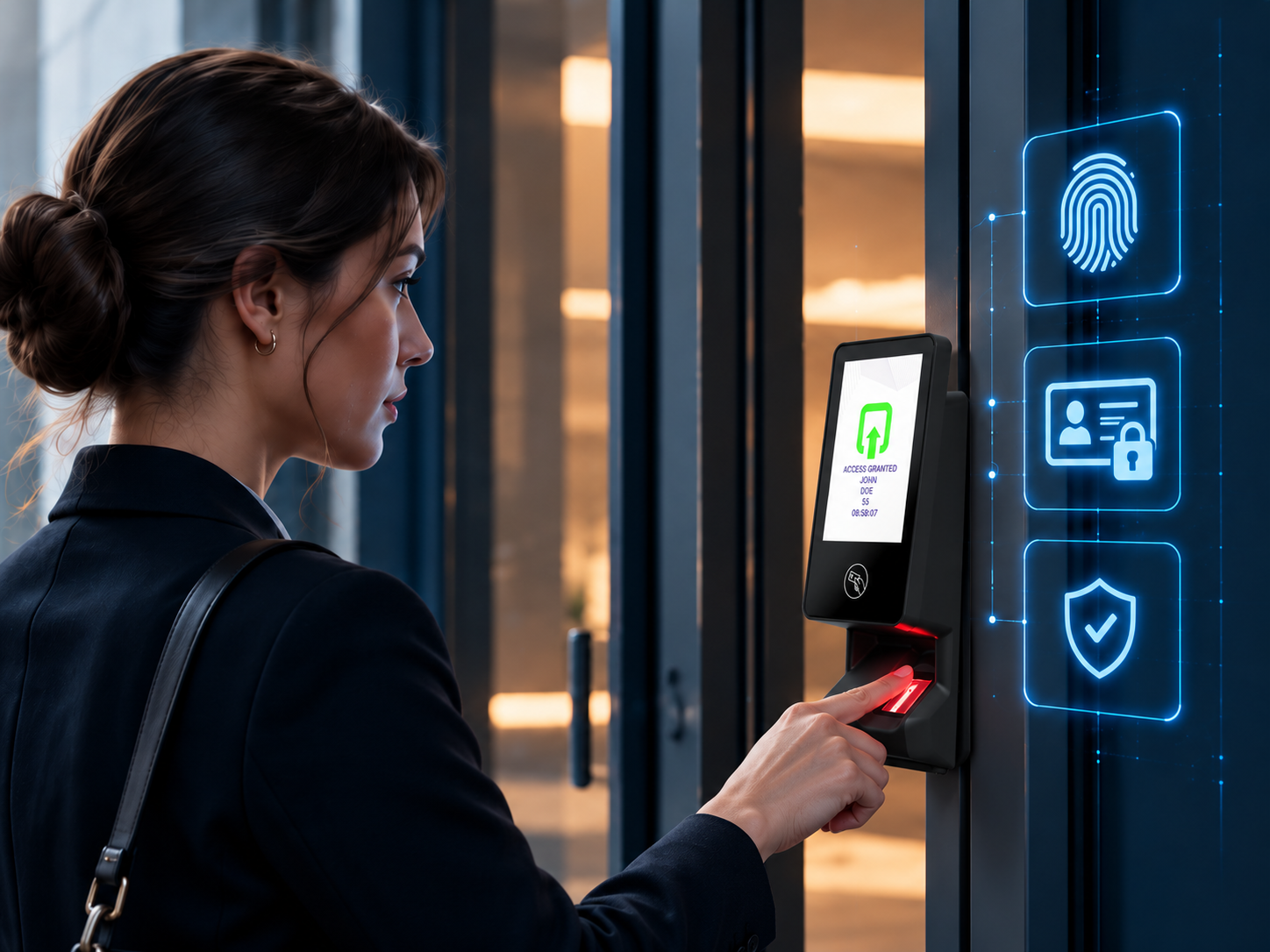 Professional using a biometric access control terminal