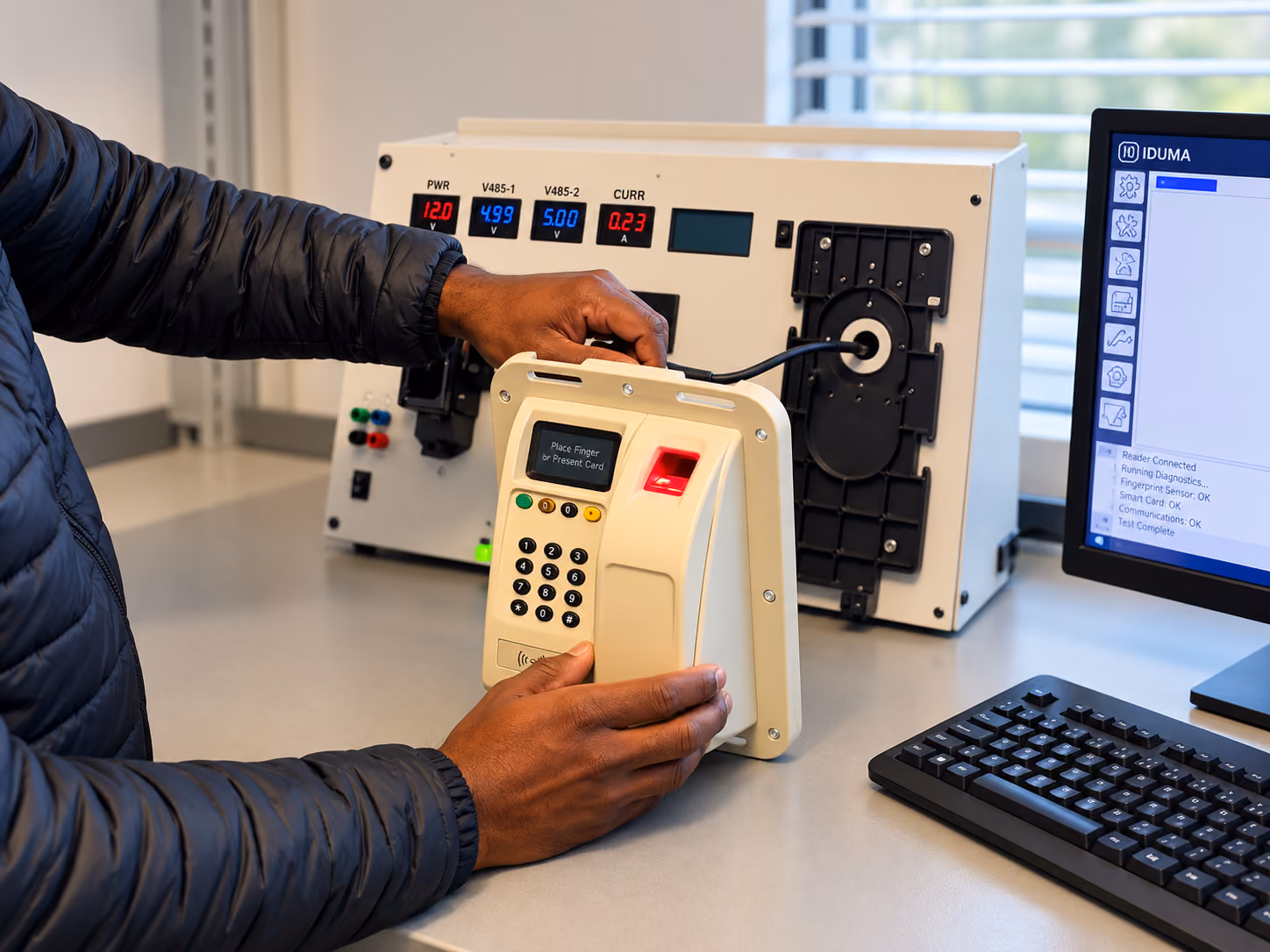 Technician testing a legacy Morpho Access biometric reader at Ideco's Repair Centre