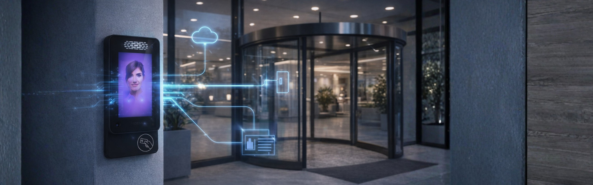 VisionPass facial recognition reader at a modern office lobby entrance