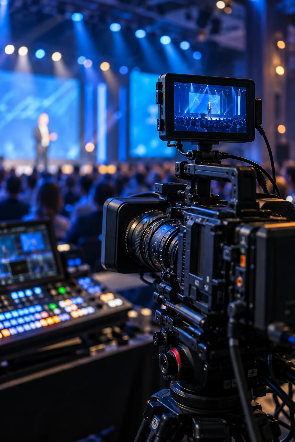 Illustrative cinema camera and live production equipment under blue stage lighting