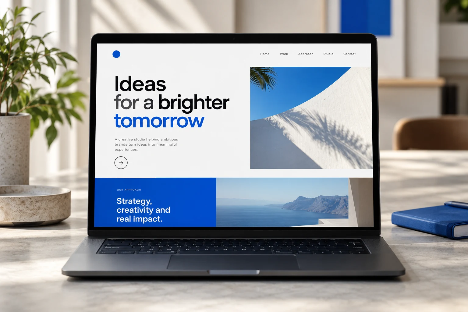 Illustrative website design displayed on a laptop