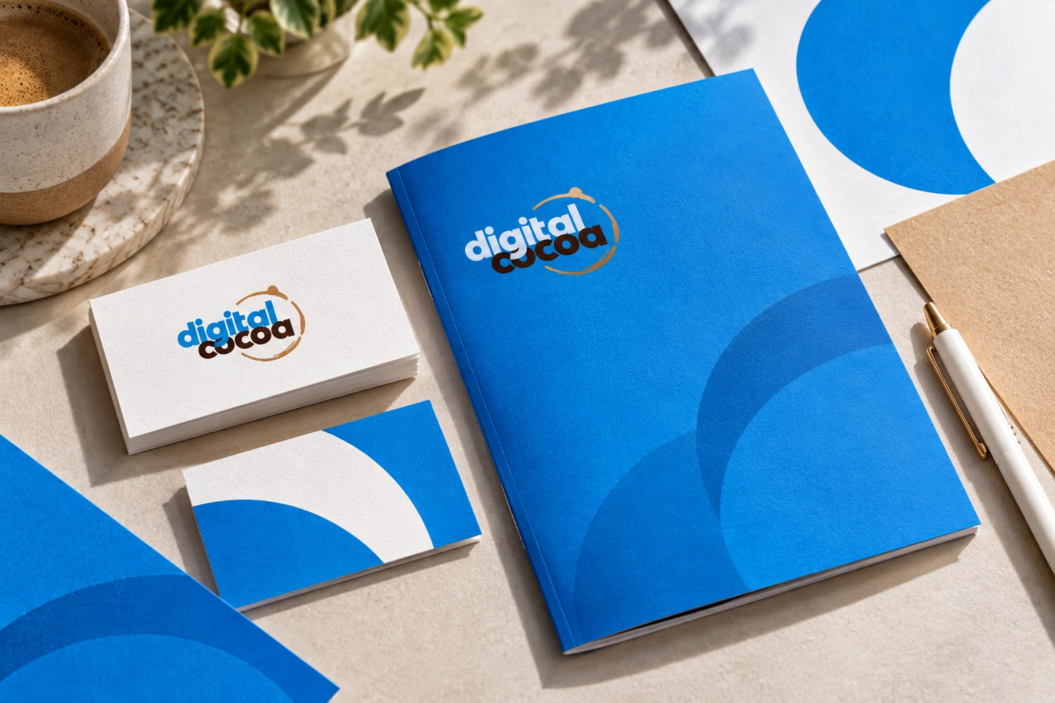 Concept imagery of Digital Cocoa branding and printed collateral