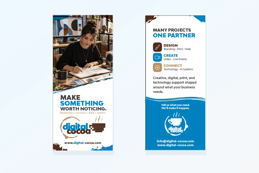 Digital Cocoa rebrand rack card, front and back