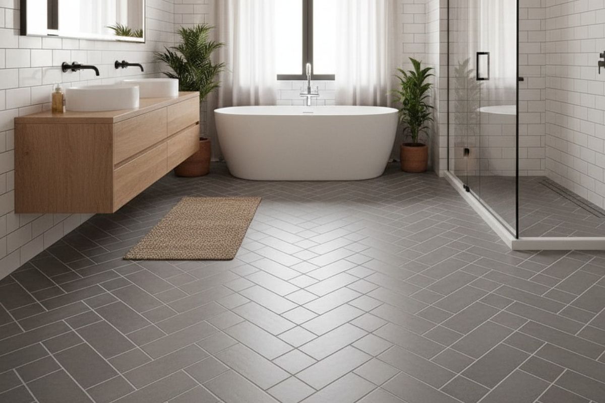 Herringbone Tile Floor Bathroom Layout Ideas