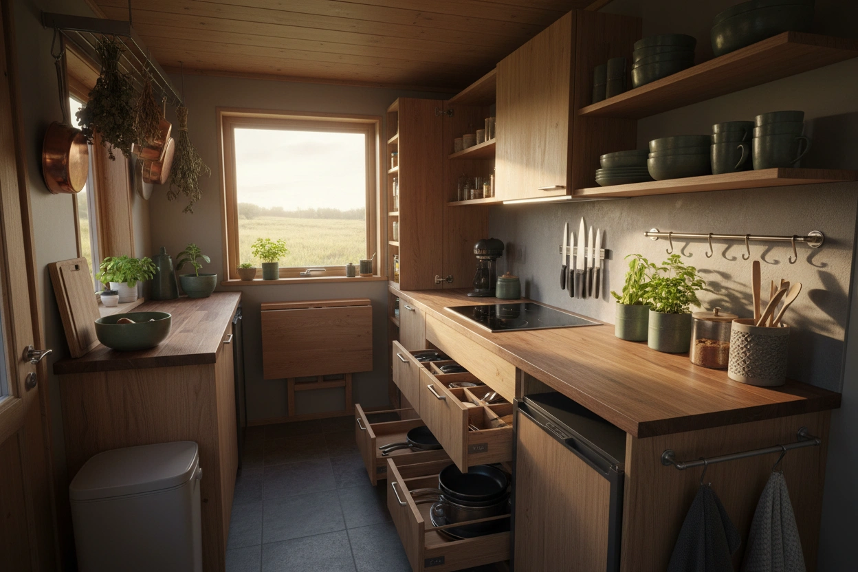 Professional image illustrating Creative Storage Solutions for Your Tiny House Kitchen