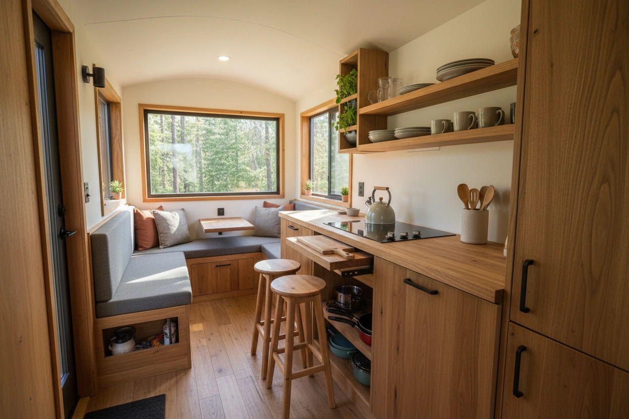Professional image illustrating Multifunctional Furniture for Tiny House Kitchens