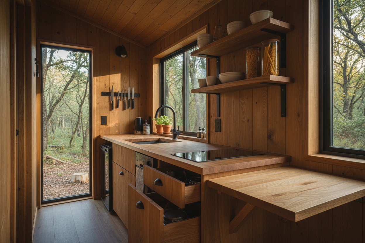 Professional image illustrating The Intersection of Space and Functionality in Tiny House Kitchens