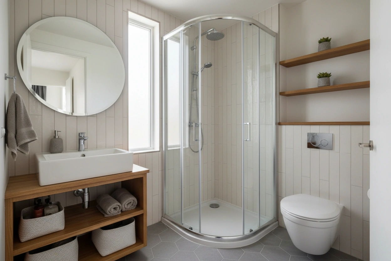 Professional image illustrating Top Space-Saving Solutions for Tiny Home Bathrooms