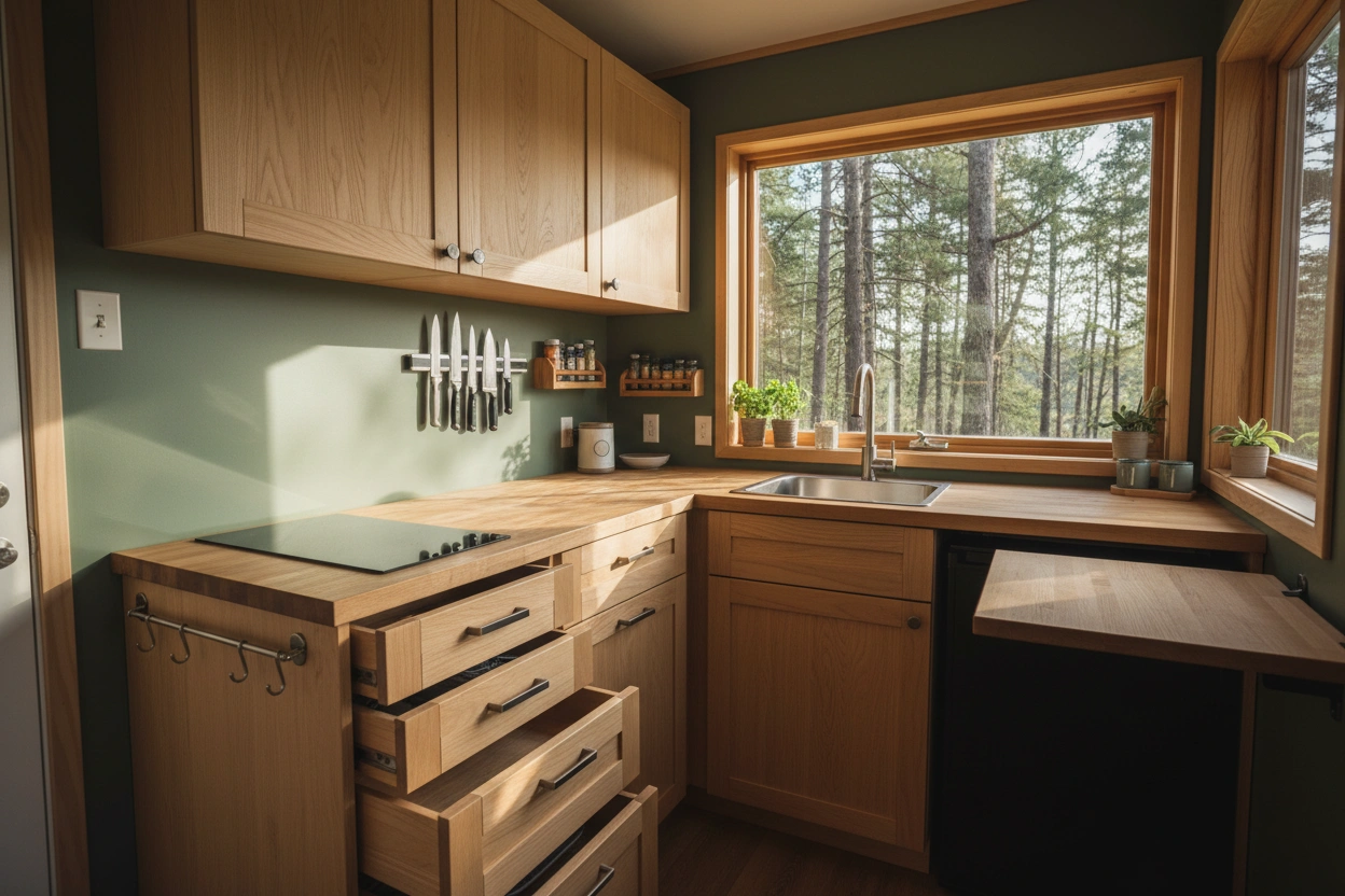 Professional image illustrating Maximizing Space in a Tiny House Kitchen