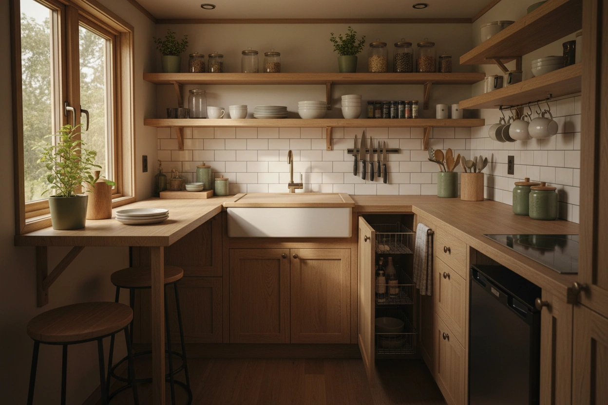 Professional image illustrating Practical Tips for Maximizing Space in Tiny House Kitchens