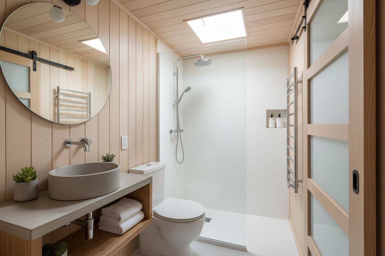Professional image illustrating Top Space-Saving Solutions for Tiny Home Bathrooms