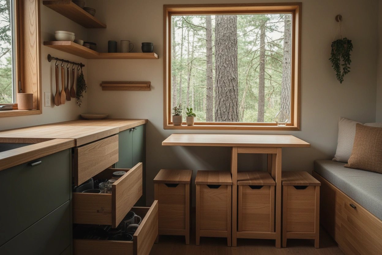 Professional image illustrating Multifunctional Furniture Ideas for a Tiny House Kitchen