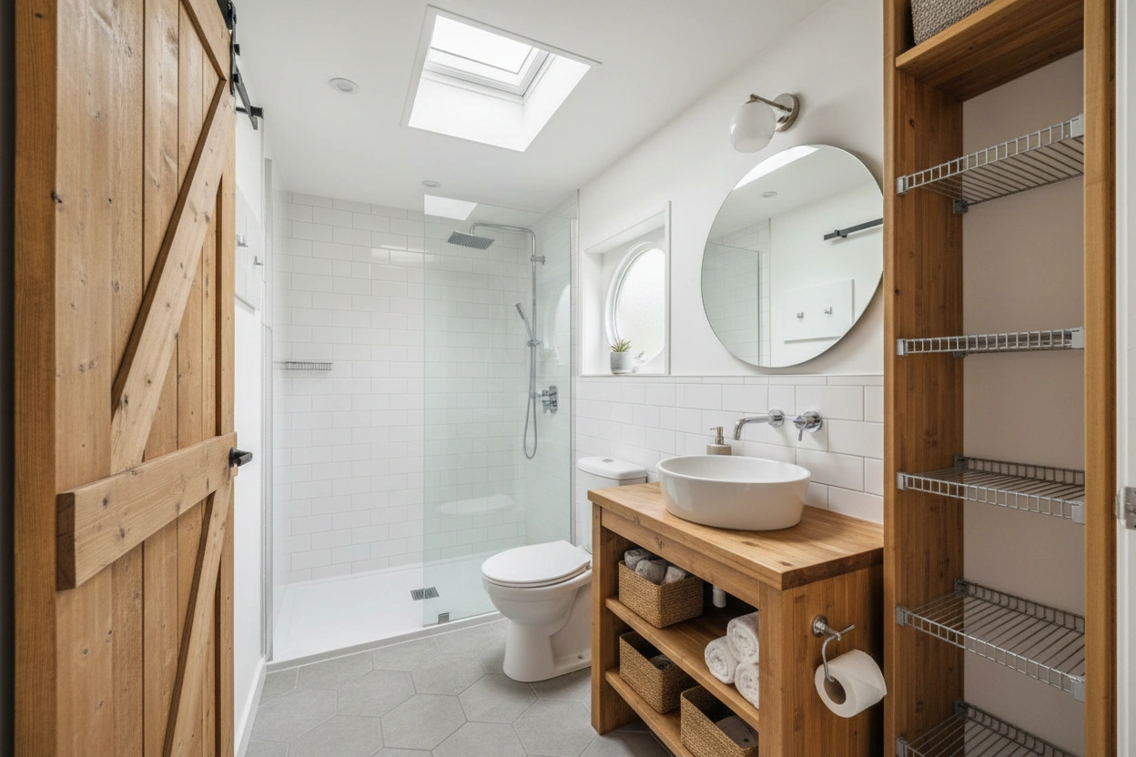 Professional image illustrating Top Space-Saving Solutions for Tiny House Bathrooms