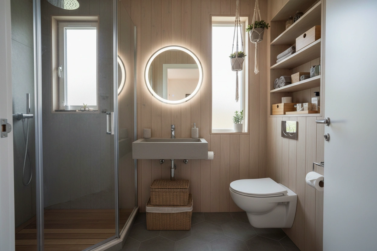 Professional image illustrating Top Space-Saving Solutions for Tiny House Bathrooms
